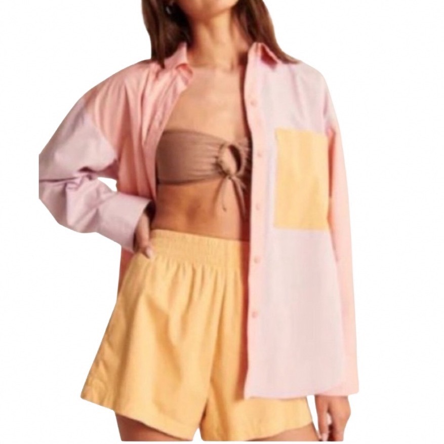 Abercrombie & Fitch Womens Oversized Colorblock Button Up Shirt Pink Yellow L